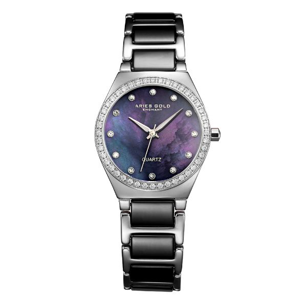 ARIES GOLD ENCHANT SILVER STAINLESS STEEL L 5014Z S-BKMOP BLACK CERAMIC WOMEN'S WATCH